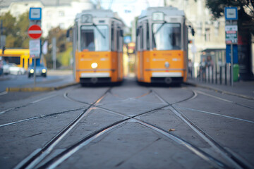 Fototapeta na wymiar trams city landscape, blurred background traditional european city view, lifestyle
