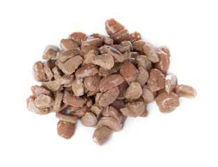 Pile of wet pet food isolated on white, top view