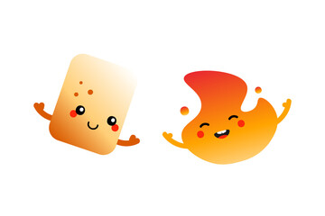 Couple of cute and smiling cartoon characters. Toasted marshmallow and burning fire, flame characters icons.