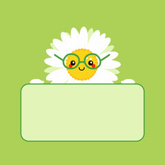 Camomile, daisy flower character in glasses holding in hands blank card, banner for nature design.
