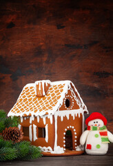 Christmas greeting card with gingerbread house and snowman