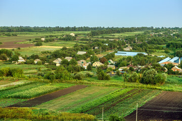 Fototapeta na wymiar Panorama of the village with vegetable gardens and houses.