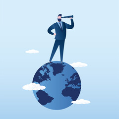 Globalization, global business vision. Businessman standing on planet earth and use telescope to see vision or future profit.