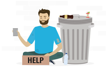 Homeless vagrant man ask for money. Caucasian beggar sitting near trash can. Vagabond holds donation mug and cardboard. Jobless man need money help.