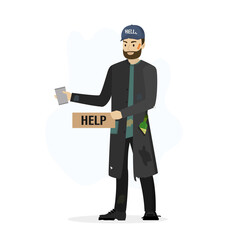 Homeless vagrant man ask for money. Caucasian beggar in torn clothes, isolated on white background. Vagabond holds donation mug and cardboard.