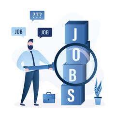 Unemployed man uses magnifying glass to looking vacancies. Job search. Large cubes with text- jobs. Recruitment concept. Problem of unemployment, jobless manager.