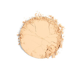 Broken face powder on white background, top view