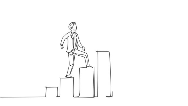 Self drawing animation of single one line draw young business man walking on the graph bar to reach alarm clock. Business time discipline metaphor concept. Continuous line draw. Full length animated.