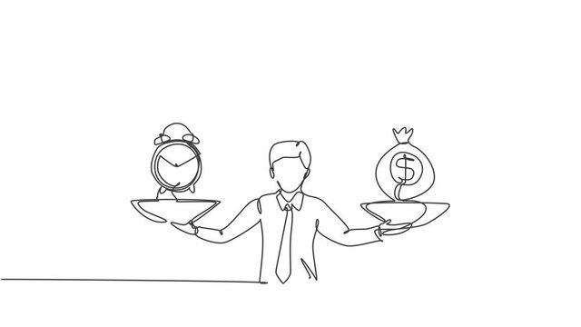 Animated self drawing of single continuous line draw young business man weight money bag and analog clock with scale. Minimalism metaphor business deadline concept. Full length one line animation.