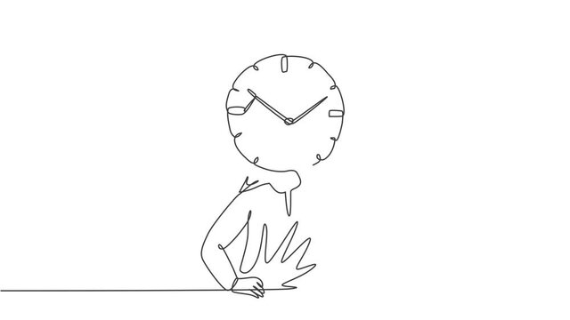 Self drawing animation of single one line draw young Arabian business man with analog clock head at the office. Business time discipline metaphor concept. Continuous line draw. Full length animated.