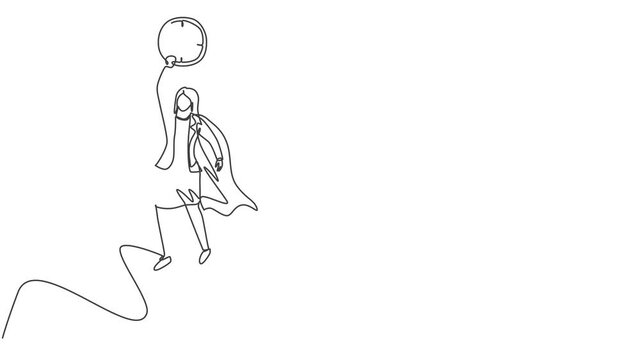 Animated self drawing of continuous one line draw young woman worker with wing flying to the sky to reach analog clock. Minimalism metaphor business deadline concept. Full length single line animation