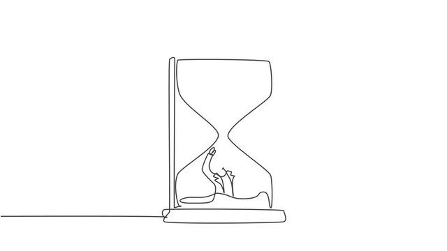Animated self drawing of single continuous line draw young business woman buried inside sandglass and asking for help. Minimalism metaphor business deadline concept. Full length one line animation.