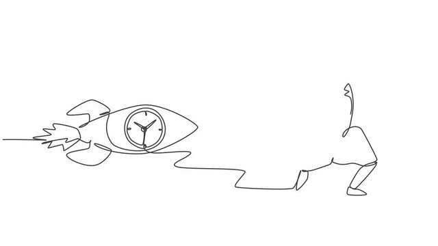 Self drawing animation of single one line draw businesswoman chased by flying rocket analog clock inside. Rush hour management business minimalist concept. Continuous line draw. Full length animated.