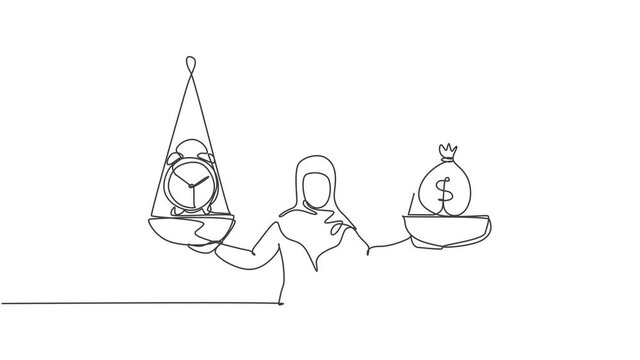 Self drawing animation of single one line draw young Arabian business woman weight money bag, analog clock with scale. Minimalism metaphor business concept. Continuous line draw. Full length animated.