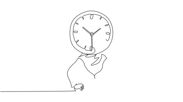 Animated self drawing of single continuous line draw young Arab business woman with analog clock head at the office. Business time discipline metaphor concept. Full length one line animation.
