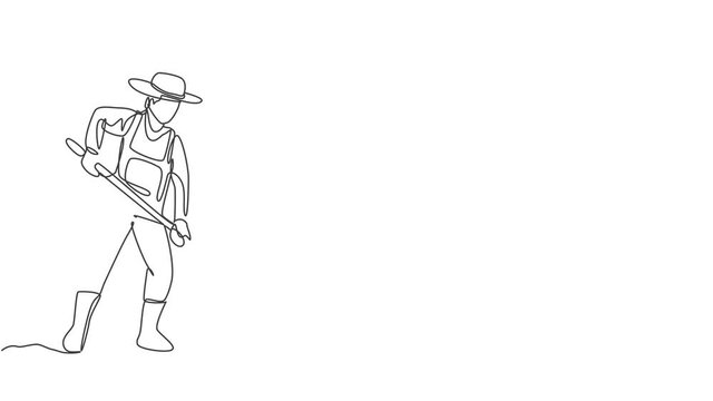 Animated self drawing of continuous one line draw young male farmer leveling ground using a rake. Start a new planting season. Successful farming minimalist concept. Full length single line animation.