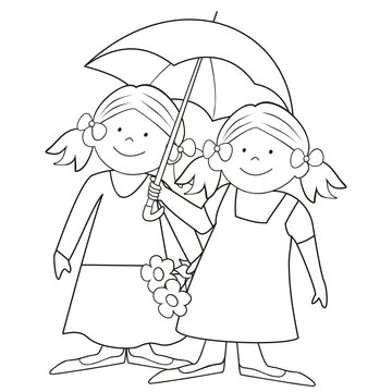 happy kids, girls and umbrella, coloring book, vector illustration
