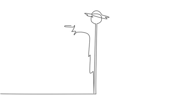 Animation self drawing of single continuous line draw scarecrow installed by farmers to ward off pest birds which has damaged rice crops in fields. Minimalism concept. Full length one line animation.
