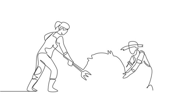 Self drawing animation of single one line draw female farmer was stabbing a haystack and rolling it with straw stick and male farmer was helping her. Minimalism concept. Full length one line animation