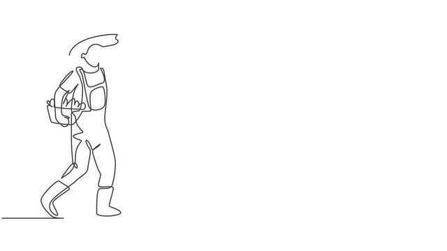 Animated self drawing of single continuous line draw male farmer carrying boxes and baskets of fruit in his right and left hands. Successful harvest minimalism concept. Full length one line animation.
