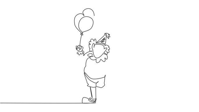 Animated self drawing of single continuous line draw the male clown stands while holding several balloons in his right hand. Children really like the show. Full length one line animation illustration.