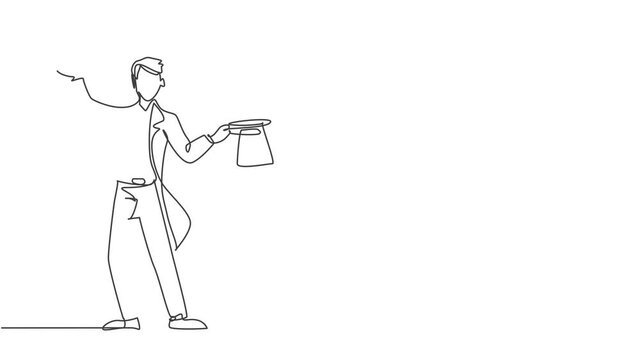 Animated self drawing of single continuous line draw the magician puts on a show by getting a bird out of his magic hat. A very interesting magic show. Full length one line animation illustration.