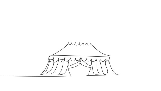 Animated self drawing of single continuous line draw circus tent in the shape of a triangle with stripes and a flag at top. Show place for clowns, magicians, animals. Full length one line animation.