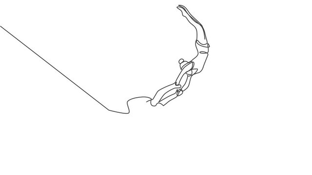 Self drawing animation of single one line draw two acrobatic players in action on a trapeze with male player hanging from his two legs while catching female player. One line draw. Full length animated