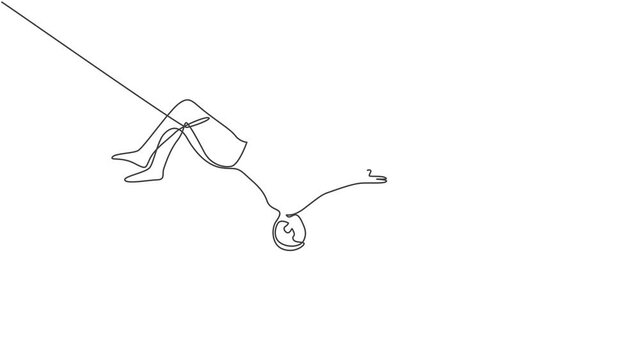 Animated self drawing of single continuous line draw a male acrobat performs on the trapeze with his legs hanging and head down while swinging his hand. Brave and agile. Full length one line animation