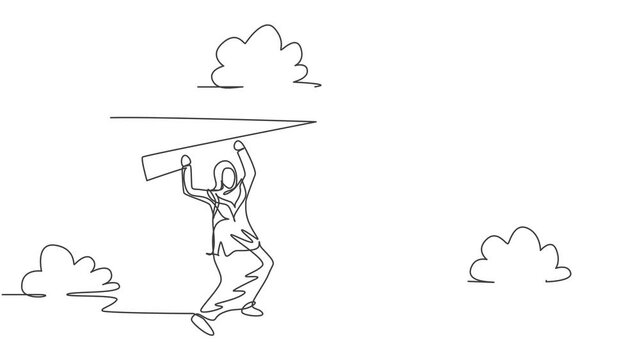 Self drawing animation of single one line draw Arab businesswoman hanging on flying paper plane to hit target. Business challenge. Minimal metaphor concept. Continuous line draw. Full length animated.