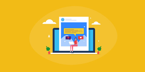 Woman creating social media content. Digital content creator concept, yellow abstract web banner. Social media marketing, content writing, blog post.