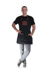 Naklejka premium Full length portrait of happy young waiter in uniform on white background