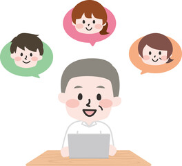 二頭身_テレワークをするシニア男性