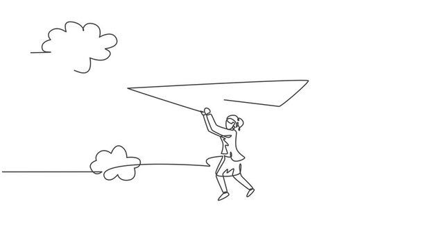 Self drawing animation of single one line draw young businesswoman hanging on flying paper plane at sky. Business goal challenge. Metaphor minimal concept. Continuous line draw. Full length animated.