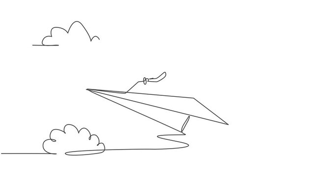 Animated self drawing of single continuous line draw young business woman ride paper plane achieve business goal. Professional entrepreneur. Minimalism metaphor concept. Full length one line animation