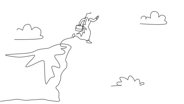 Self drawing animation of single continuous line draw Arabian businessman jumping from top of mountain to flying paper plane. Minimalism metaphor concept. One line draw. Full length animated.