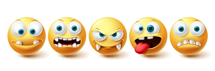 Smiley emoji vampire vector set. Smileys emoticon happy, funny, monster and toothless face collection isolated in white background for graphic design elements. Vector illustration © AmazeinDesign