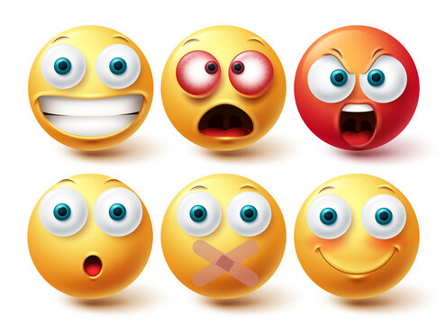 Smiley emoji vector set. Smileys emoticon happy, angry and silent yellow and red icon collection isolated in white background for graphic design elements. Vector illustration
