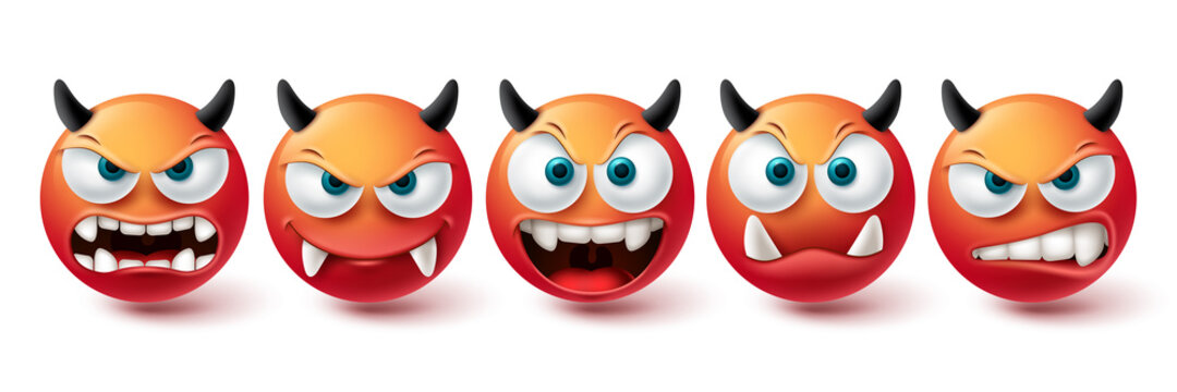 Naklejki Smiley evil face vector set. Smileys emoji bad, monster, demon and scary red icon collection isolated in white background for graphic elements design. Vector illustration