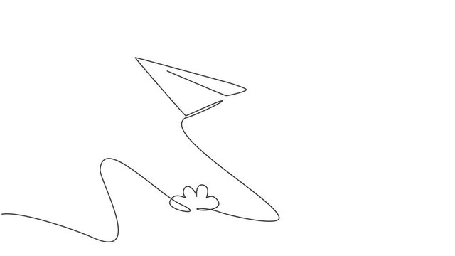 Self drawing animation of single one line draw paper plane flying high on the sky on white background. Creative origami toy concept. Continuous line draw. Full length animated illustration.