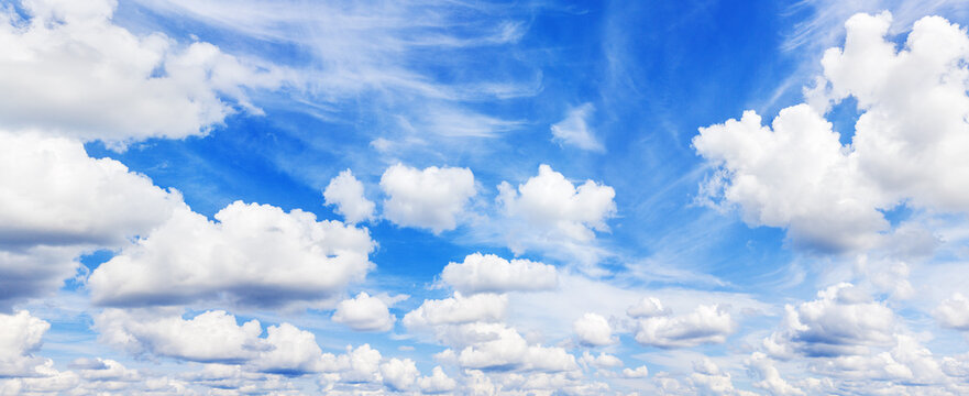 White fluffy clouds clear blue sky background panorama, cumulus cloud texture, cloudy azure skies backdrop, beautiful cloudscape panoramic view, sunny summer day heaven, cloudiness landscape, overcast