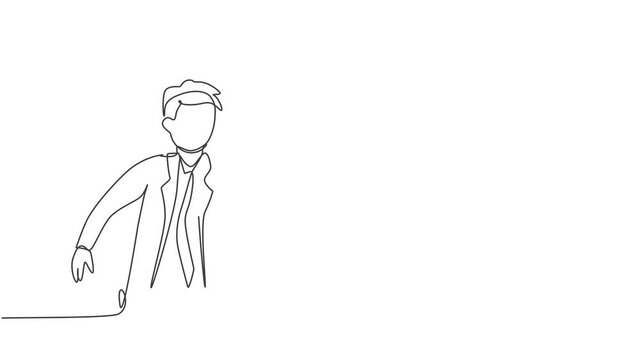Self drawing animation of single one line draw young smart business man give hello greeting to his business partner. Business teamwork concept. Continuous line draw. Full length animated illustration.