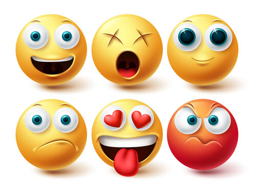 Smiley emoji vector set. Smileys emoticon happy, angry, in love and dizzy icon collection isolated in white background for graphic design elements. Vector illustration