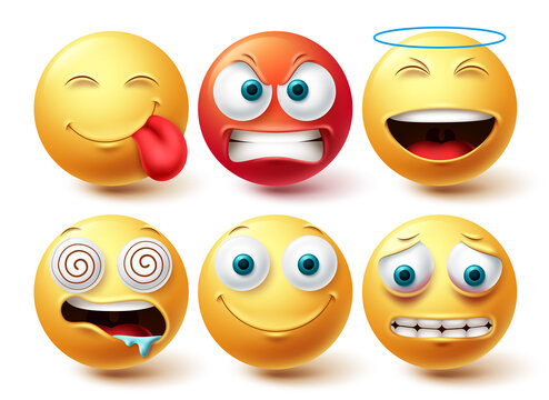Smiley emoji face vector set. Smileys and emoticon happy, hungry and angry icon collection isolated in white background for graphic design elements. Vector illustration
