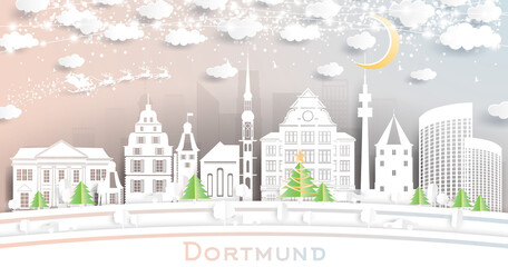 Dortmund Germany City Skyline in Paper Cut Style with Snowflakes, Moon and Neon Garland.
