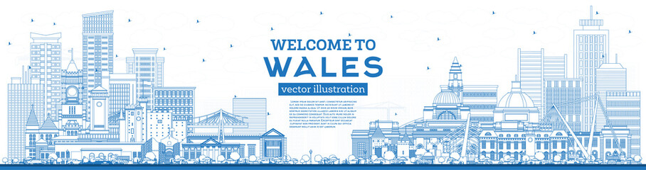 Outline Welcome to Wales City Skyline with Blue Buildings.