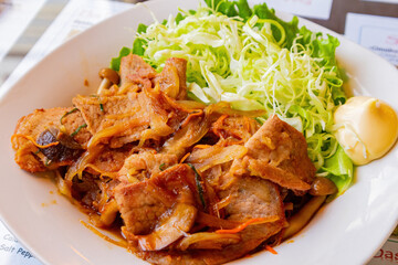 Close up shot of Stir fried kimchi and pork
