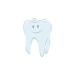 Cute tooth in cartoon style isolated on white background. Vector illustration, molar icon with eyes, mouth and handles.