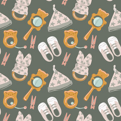 Hand drawn seamless pattern of baby shower elements, toys, ball, rainbow,pacifier, bodysuit, rattles, clothespins.k. Boho style. Baby element drawn by digital pen. Print for wallpaper, textil