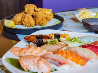 Close up shot of many sushi